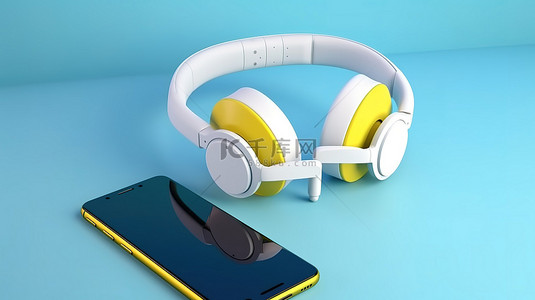 蓝色背景上的黄色耳机与 3d 智能手机渲染屏幕