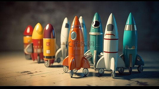 3D 渲染中的玩具宇宙飞船和火箭舰队
