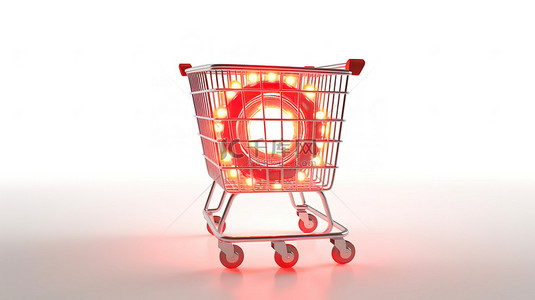 国际购物体验红色箭头引导购物车在白色背景 3d 渲染