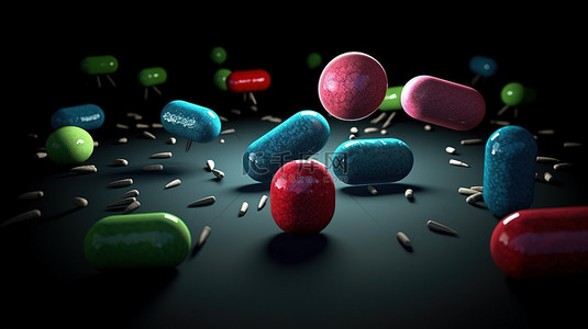 病护背景图片_盘旋在 3d 药丸图标上的微观病毒和细菌