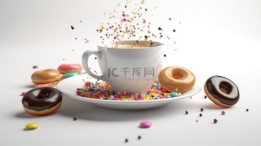 充满活力的飞行甜甜圈，配有白色咖啡杯，在白色背景上描绘令人耳目一新的休息 3D 插图
