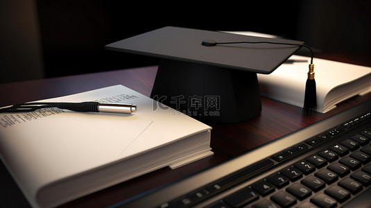 电脑键盘上的毕业帽和 3D 书籍