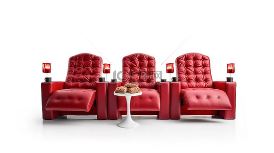 红色摄影背景图片_毛绒红色电影院椅子，配有爆米花和 3D 眼镜，白色背景渲染为 3D