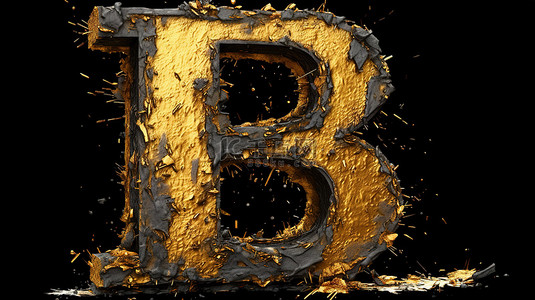 损坏的黑色字母“b”3D 插图中显示的金色，非常适合与字体字母和字母表相关的主题