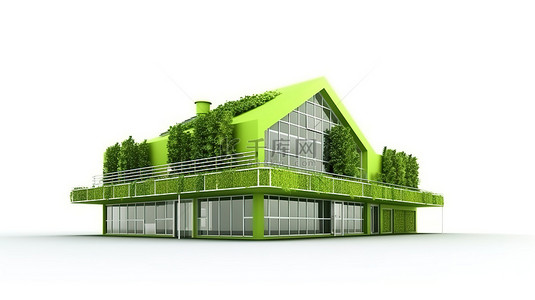 白色背景上的生态友好型建筑 3D 可再生能源概念图