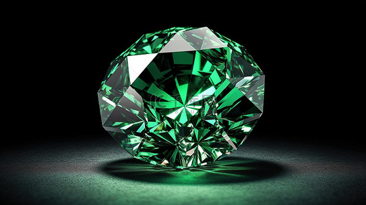 发光的绿色钻石在 3d 黑色背景下闪闪发光