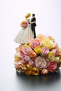 拜年男娃娃背景图片_新娘和新郎的微小人物位于花束上方