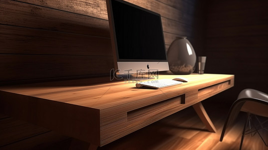 木制工作站，乡村风格办公桌上台式电脑的 3D 渲染图