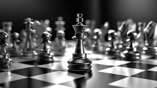 棋盘背景的 3D 渲染，以黑白棋子为特色，用于体育和休闲活动概念