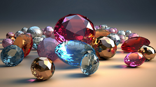 3D 渲染中的水晶元素珍珠钻石和羽毛