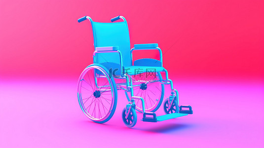粉色背景与 3D 渲染的双色调蓝色轮椅