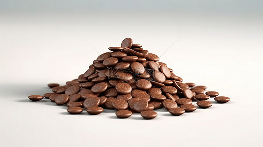 3D 插图在简单的背景上隔离了一堆美味的巧克力片