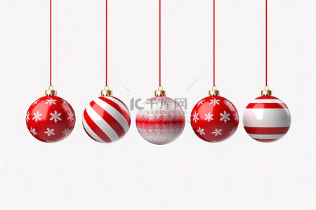 透明背景上红绳上挂着 6 个红色和白色圣诞球