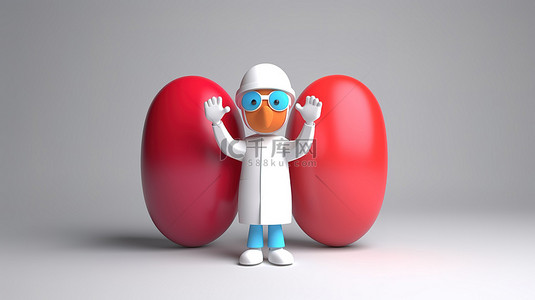 药剂师卡通背景图片_医生或药剂师的卡通人物，在 3D 渲染中带有两个大药丸