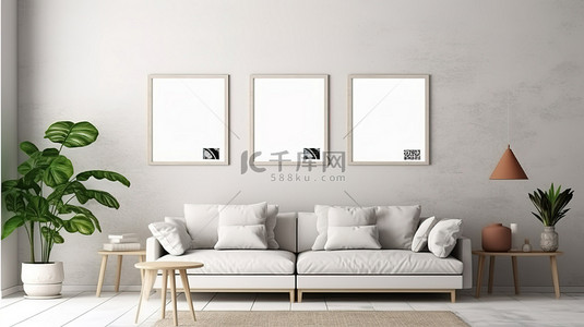 家居风格海报背景图片_现代室内背景中带有模拟海报框架的斯堪的纳维亚风格客厅的 3D 渲染