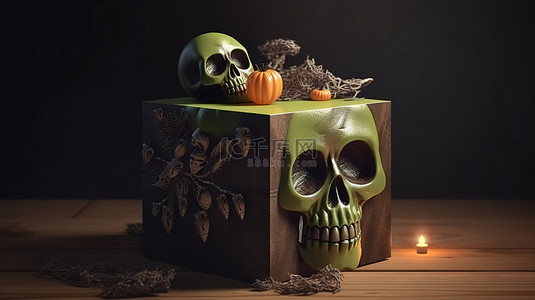 恐怖的骨头背景图片_万圣节礼品盒的怪异 3D 渲染，配有头骨和骨头