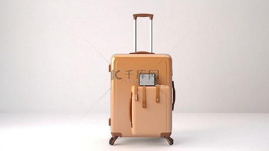 旅行插背景图片_以棕色行李箱的风格 3D 渲染方式旅行，并在白色背景上显示白屏手机和相机的模型