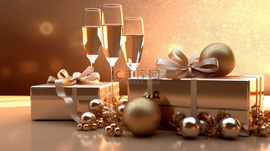 金色新年礼物背景图片_节日香槟杯和新年礼物的 3D 渲染