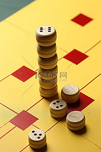 黄色垫子上有木棍和四个木骰子的游戏板