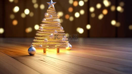 木桌上圣诞树的 3D 渲染，用于节日庆祝活动