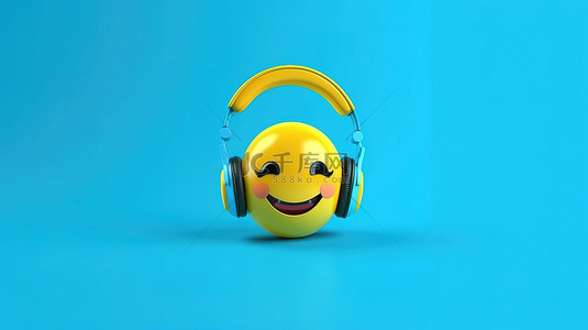戴着表情符号的耳机在蓝色背景下干扰音乐的 3D 渲染