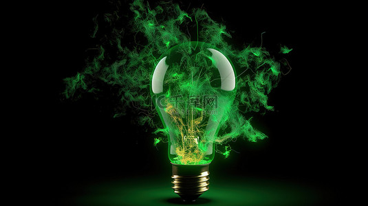 绿色灯泡迸发出光芒 3D 渲染