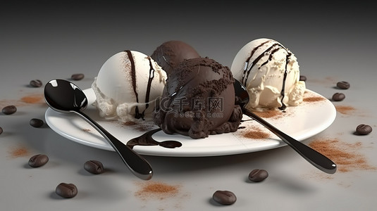 松露背景图片_美味的 3D 冰淇淋勺，上面覆盖着咖啡奶油黑巧克力和松露块