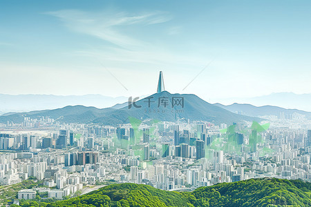 森林与背景图片_首尔城市天际线与森林和山脉
