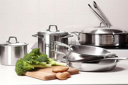 刀切蔬菜背景图片_木板和蔬菜旁边有各种锅碗瓢盆