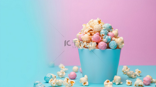 一堆零食背景图片_柔和的蓝色和粉色背景上一堆洒满的爆米花和 3D 眼镜