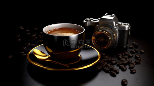 黑色背景 3D 渲染下咖啡杯的特写