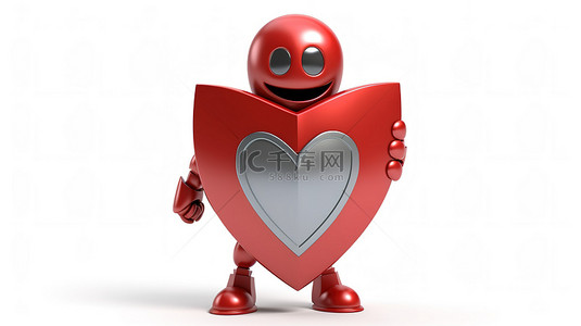 3D渲染白色背景，红心装饰金属保护盾字符吉祥物