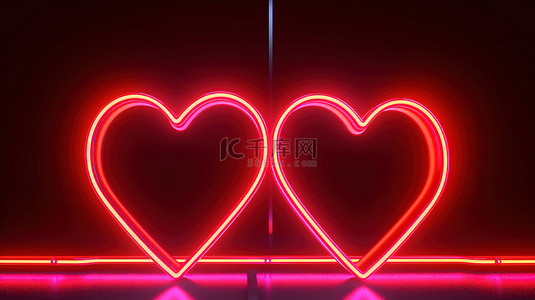 爱闪耀着霓虹灯心框的明亮 3D 插图，反映在红色背景上，非常适合情人节
