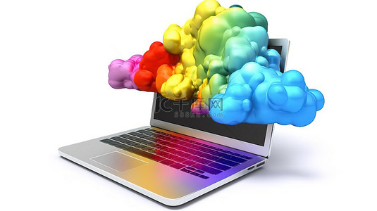 彩色云计算白色笔记本电脑，在孤立的白色背景 3D 插图上带有应用程序图标光环