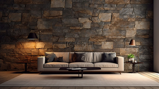 现代生活空间配有豪华沙发优雅的咖啡桌和壁灯，搭配引人注目的石墙 3D 渲染