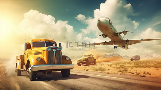 机场登机口背景图片_空中卡车车队光芒四射前往目的地的 3D 渲染和插图
