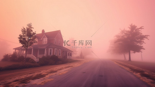 社区建设背景图片_雾中宁静的社区 3D 插图，显示一条空荡荡的道路，房屋小屋灌木丛和树木映衬着粉红色的早晨天空