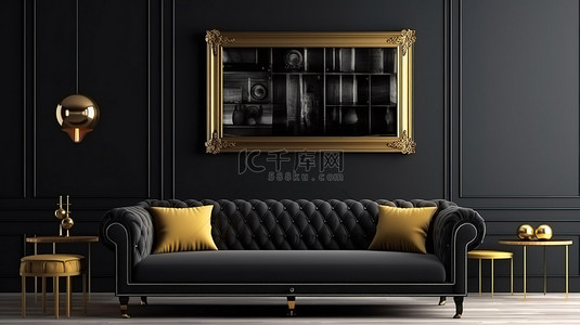 客厅钢琴背景图片_时尚的黑色三角钢琴和沙发与黑色内饰形成鲜明对比，带有充满活力的黄色口音，非常适合模型 3D 插图