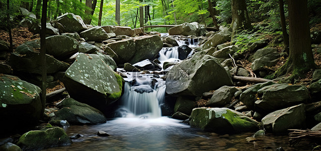 水和树叶背景图片_瀑布流经茂密的岩石和树叶森林