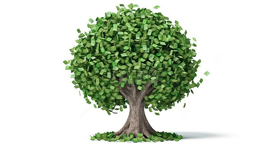 钱叶树绿色图形设计元素与植物状叶子隔离在白色背景 3D 插图