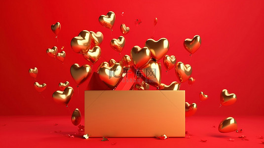 闪亮的心从红色背景上的金色 3D 情人节气球字体中迸发出来