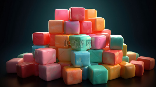 颜色彩虹背景图片_各种颜色的方形口香糖片的 3D 插图
