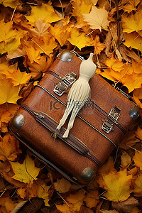 橙色秋叶背景图片_一个小橙色手提箱放在秋叶上