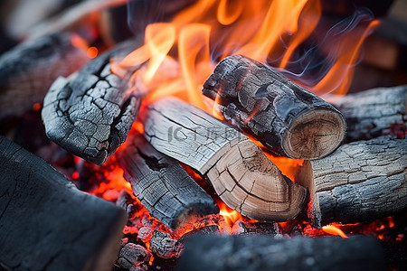 燃烧的炭火背景图片_近距离观察烤架上燃烧的木柴和木炭