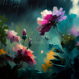雨滴花朵油画花卉背景