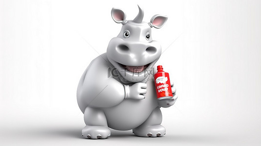 犀牛瓶子背景图片_滑稽的犀牛吉祥物，带有标志和软饮料