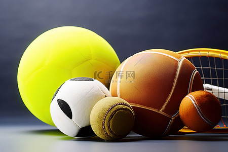 网球和运动器材坐在一起