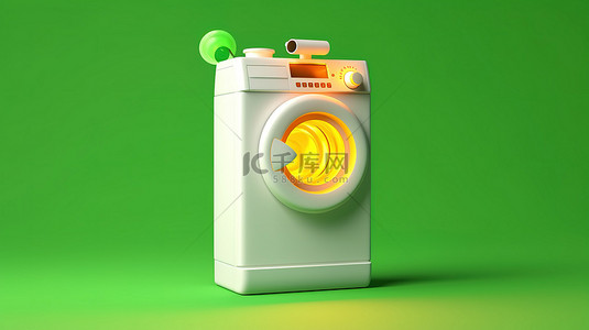 3D 渲染的吉祥物是一台白色洗衣机，在现代设计中黄色背景上带有交通绿灯
