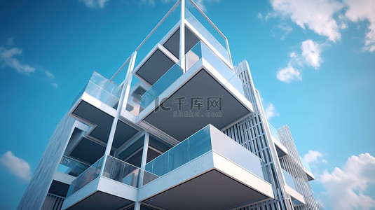 3D 当代建筑外观，美丽的蓝天背景