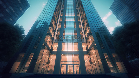 从独特的角度3D渲染的企业办公楼未来派摩天大楼
